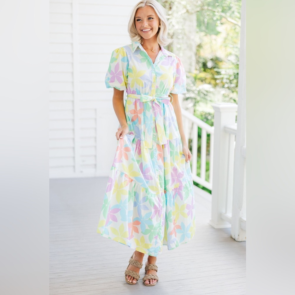 TALULAH Green and Pink Maxi Sundress with Puff Sleeves